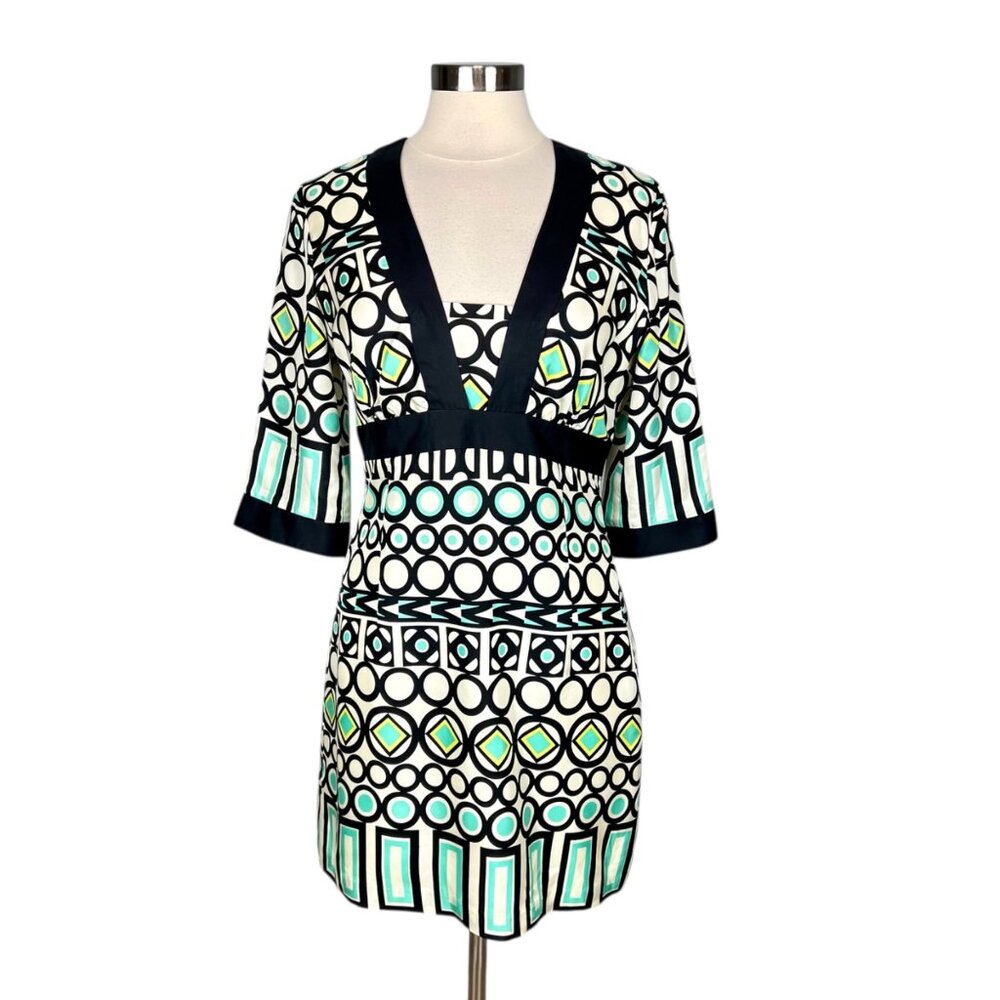 Milly New York Womens Silk Geometric Print Dress Ivory Black Aqua Blue size 10
